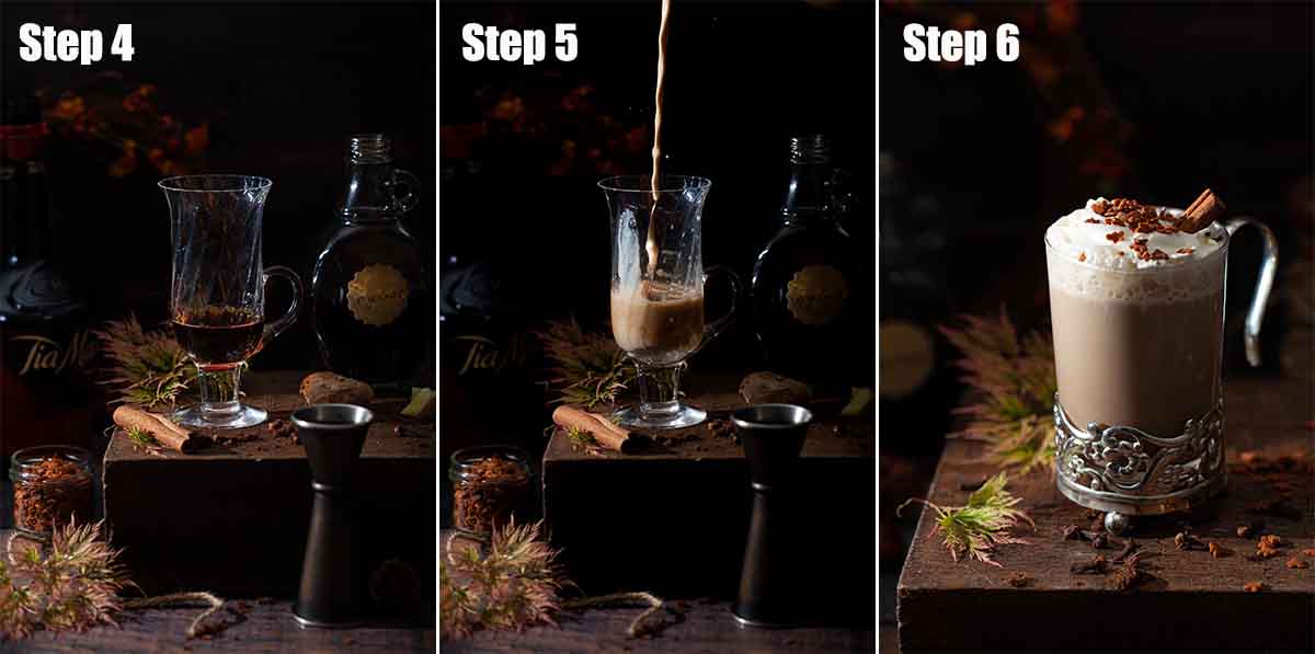 A collage of images showing a gingerbread latte being made.