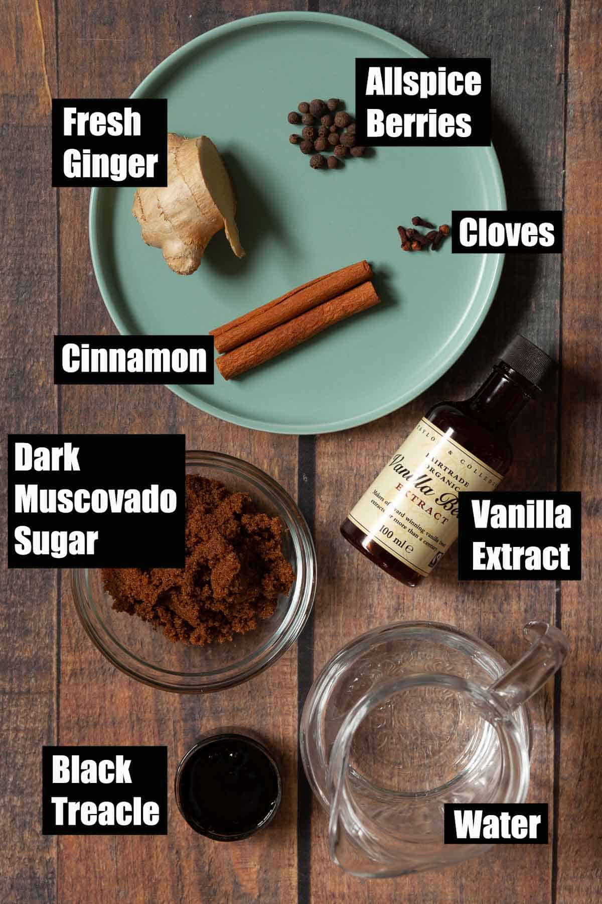 Ingredients for a festive flavoured simple syrup with text overlay.