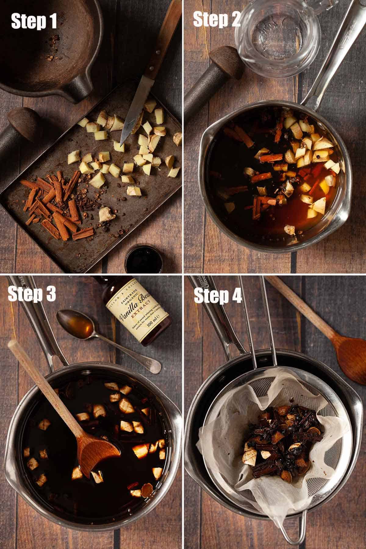 Collage of images showing a gingerbread simple syrup being made.