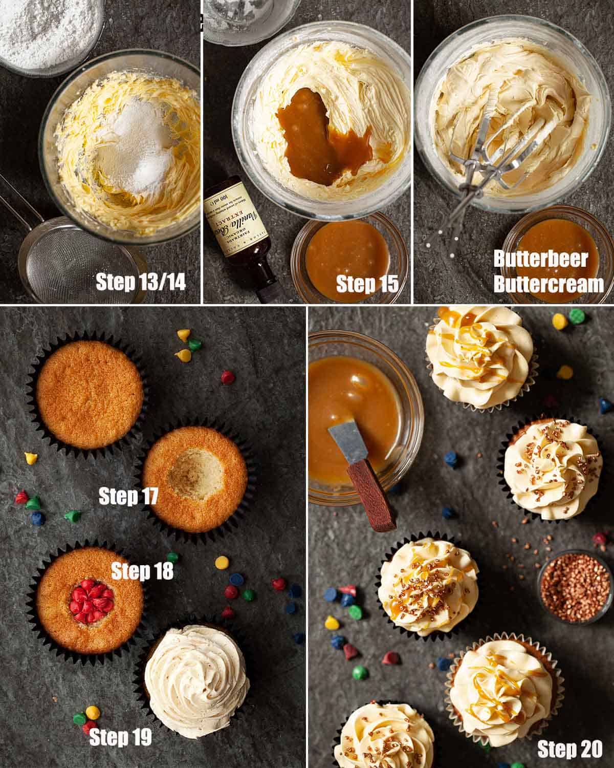 collage of images showing butterbeer buttercream being made and used on harry potter sorting hat cupcakes