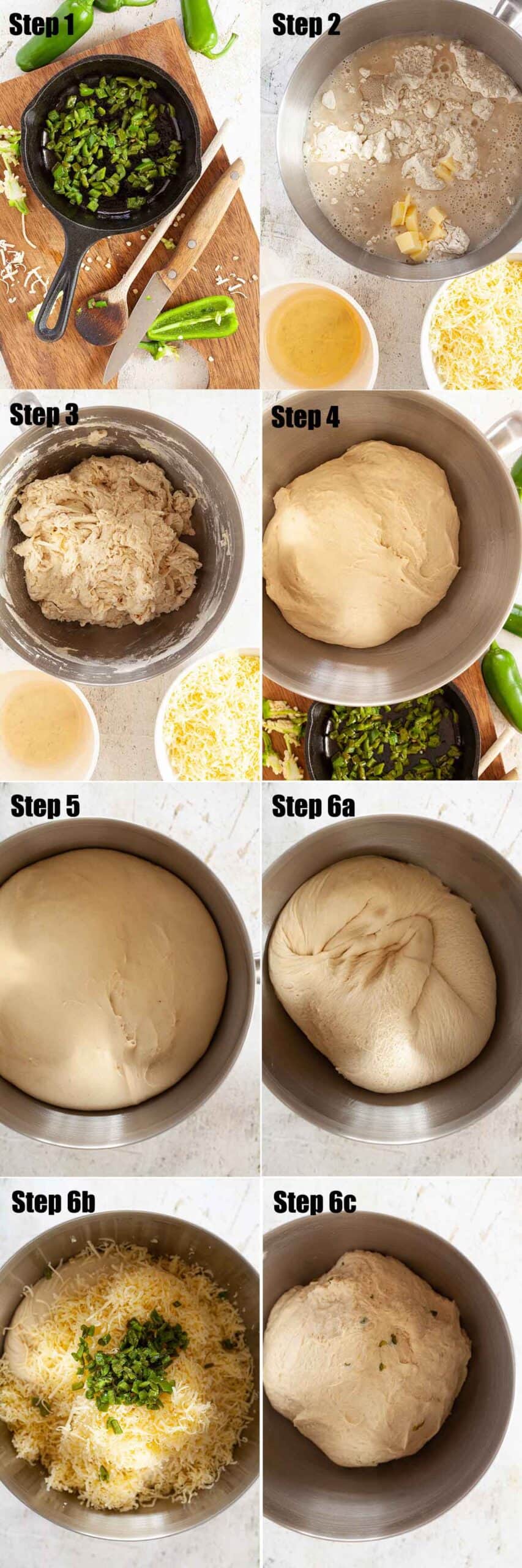 Collage of images showing green chilli and cheddar bread being made