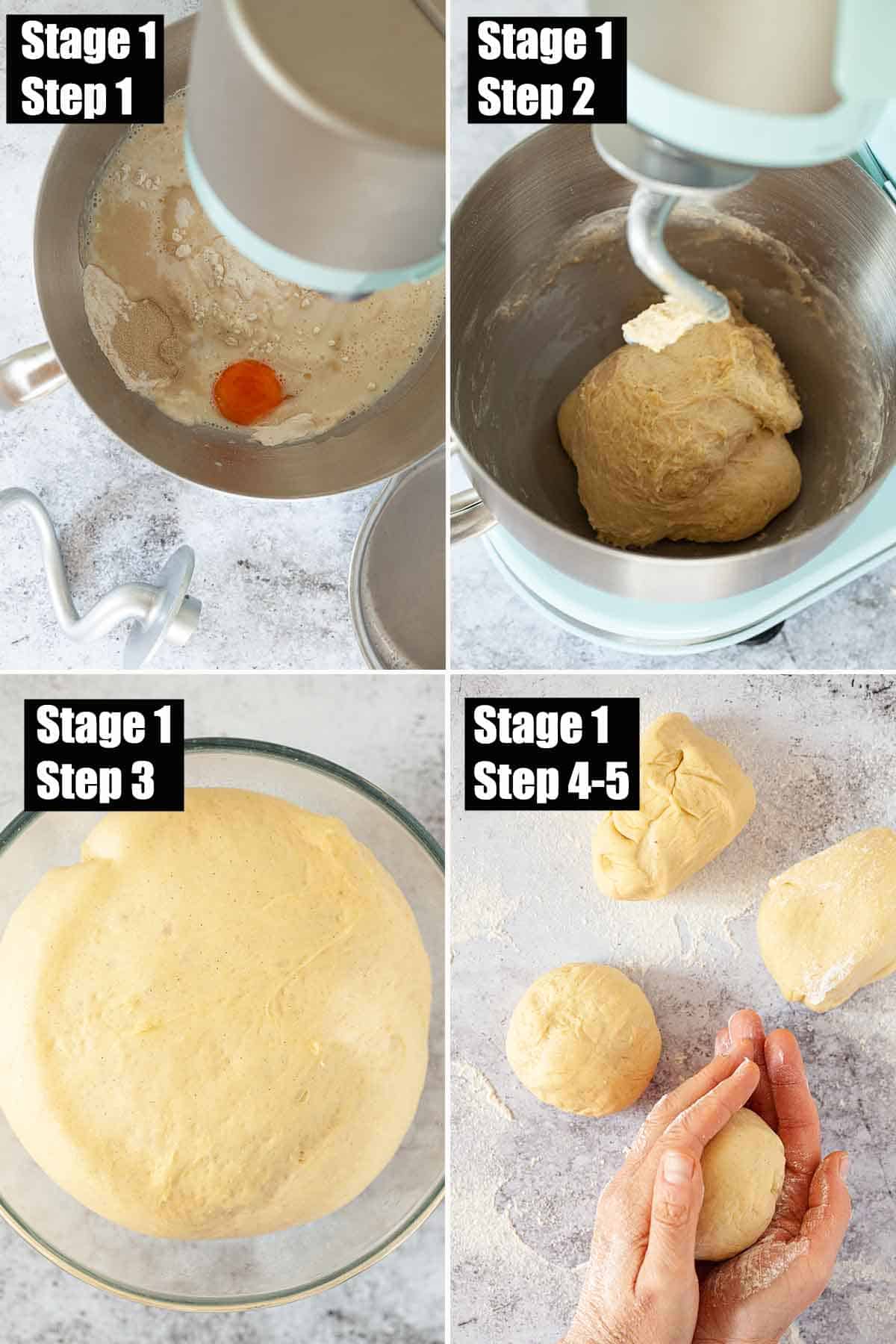 Collage of images showing enriched dough being made.