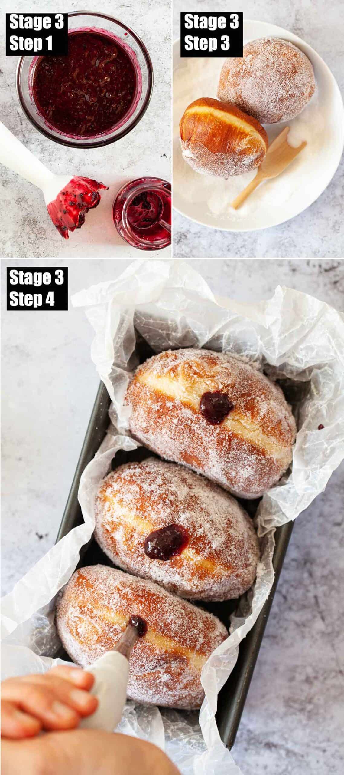 Collage of images showing filling being piped into doughnuts.