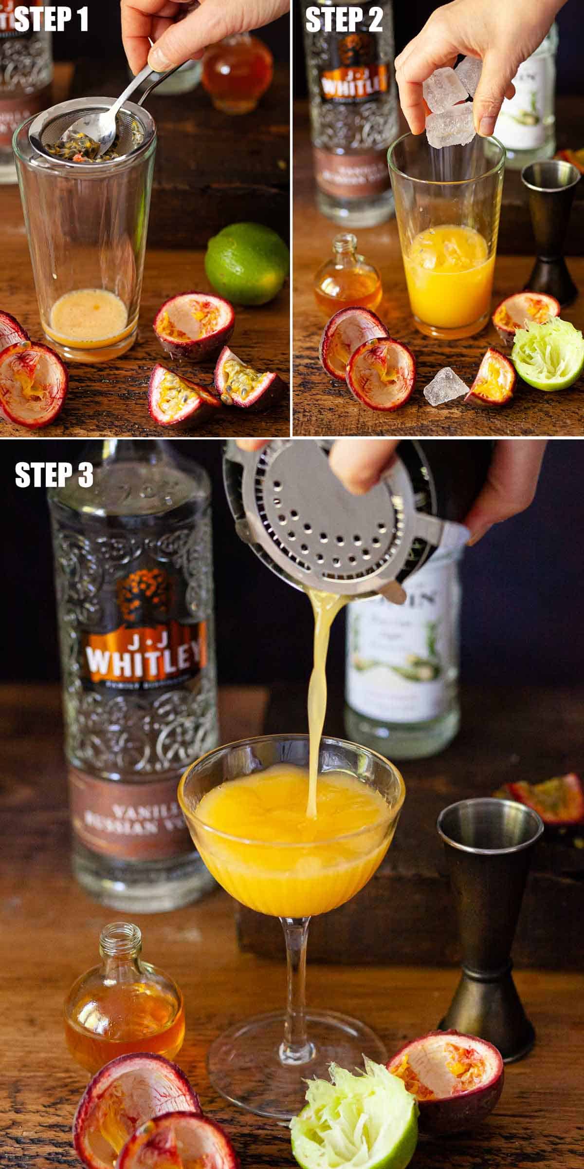 Collage of images showing a tropical fruit drink being made.