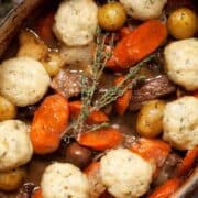 Close-up of a pot of beef and dumpling stew.