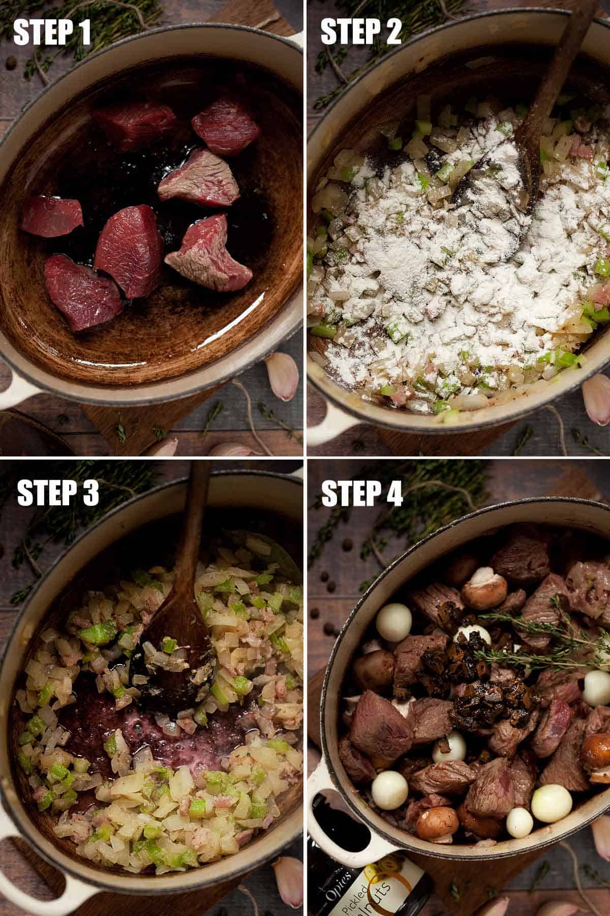 Collage of images showing a casserole being made.