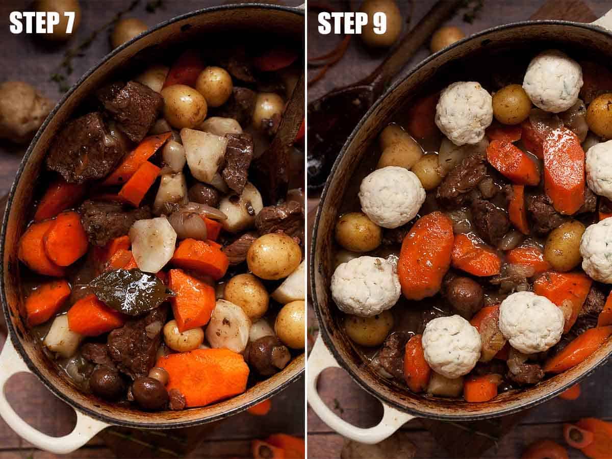 Collage of images showing beef stew and dumplings being made.