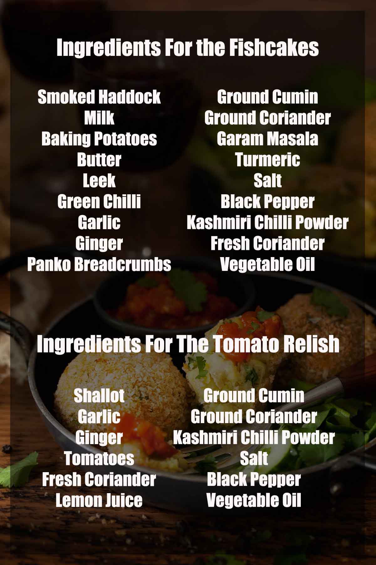 Text list of ingredients overlaying an image of fish cakes. with tomato sauce