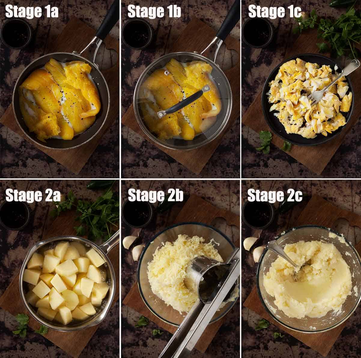 Collage of images showing fish and mashed potatoes being prepared.