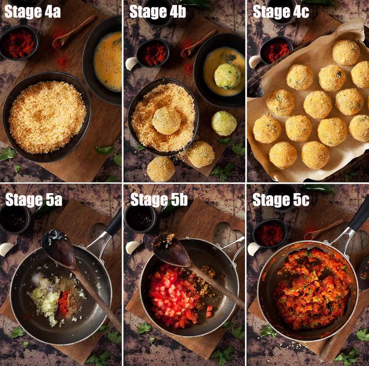 Collage of images showing potato balls and tomato sauce being made.