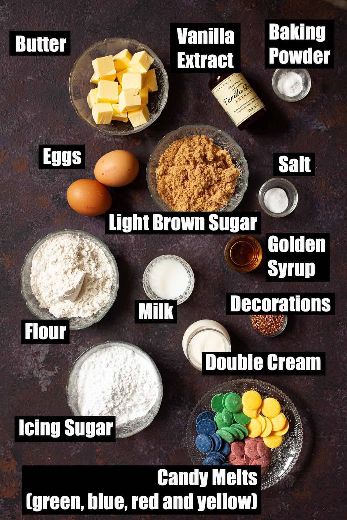 Ingredients with text overlay for hogwarts house harry potter cupcakes