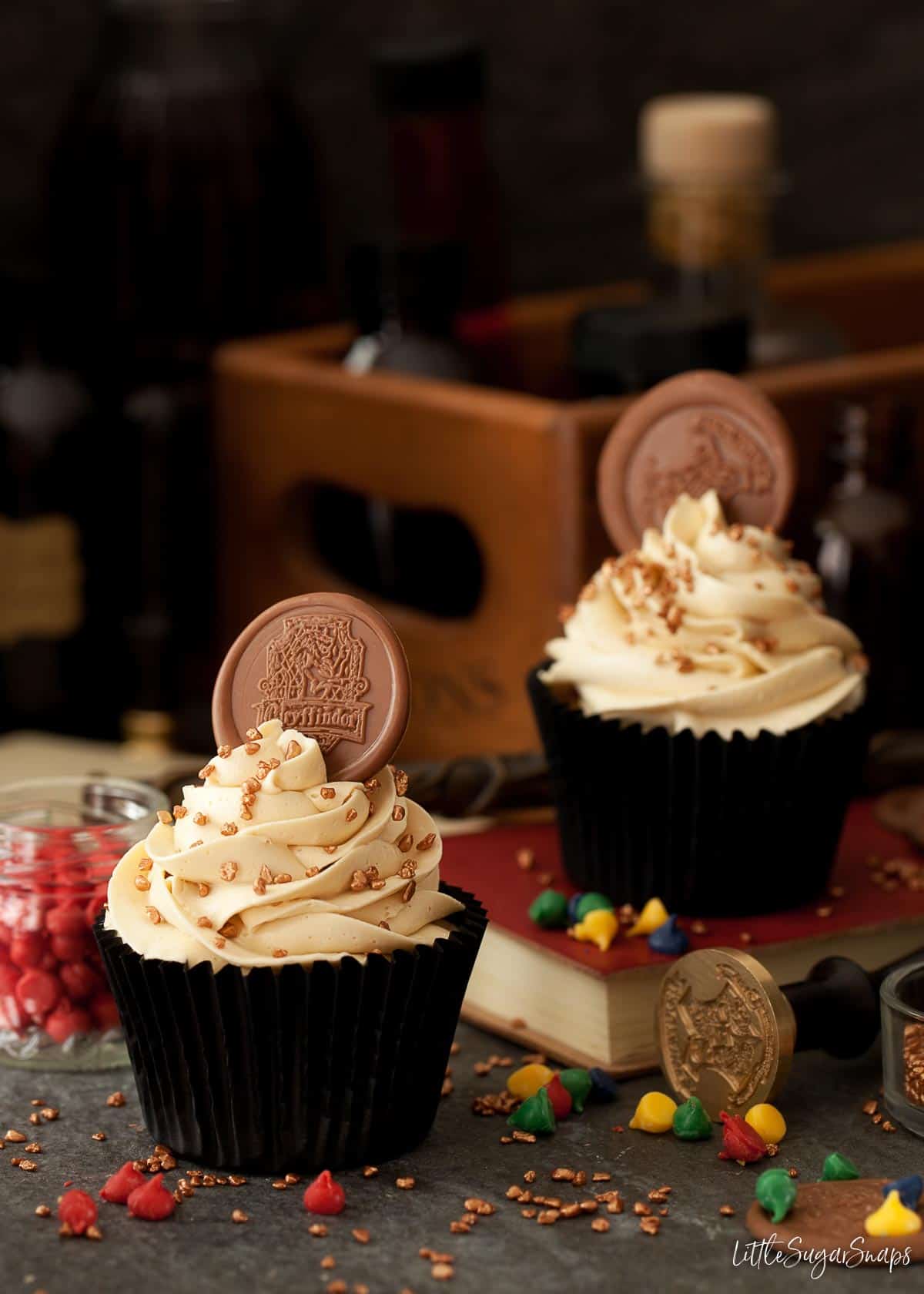 Two cupcakes with piped buttercream, sprinkles and a chocolate Harry Potter coin