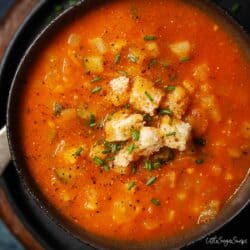 Close up of vegan tomato and fennel soup.