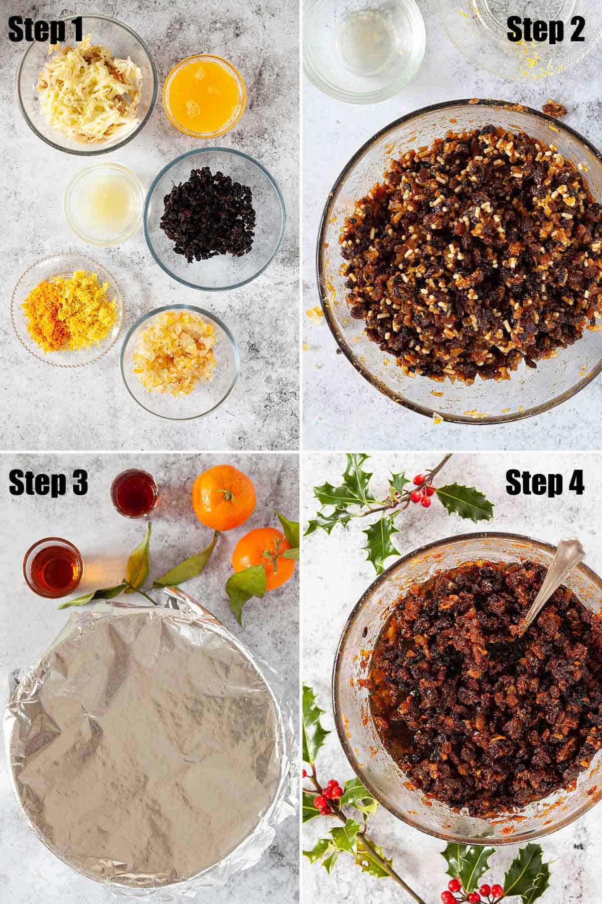 Collage of images showing fruit mince being made.