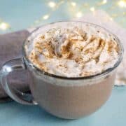 Gingerbread hot cocoa drink with whipped cream and ground spices.