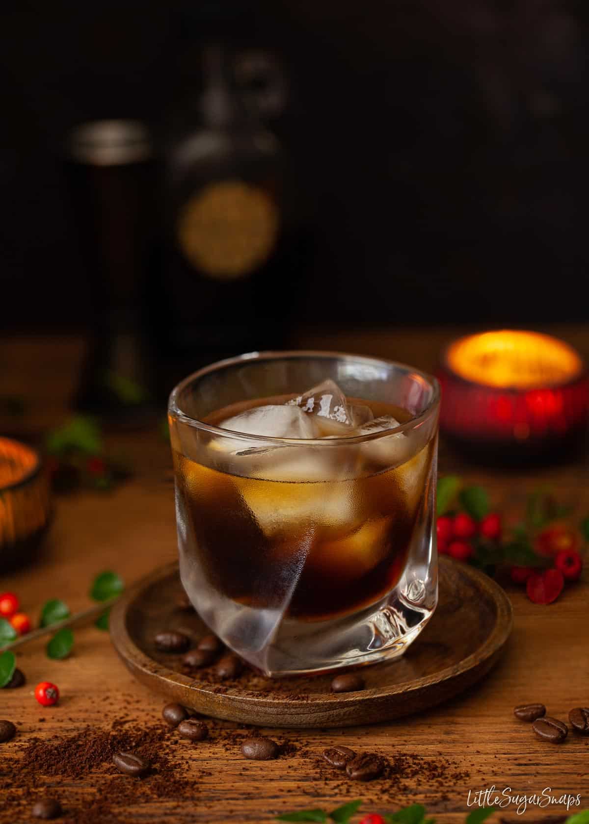 A Black Russian Kahlua Cocktail served over ice.