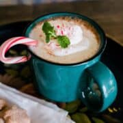 Peppermint tea Mexican chocolate drink with candy cane and mint leaves.