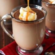 Salted caramel flavoured chocolate drink with whipped cream and caramel sauce.