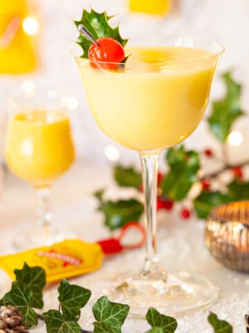 Close up of a snowball cocktail.