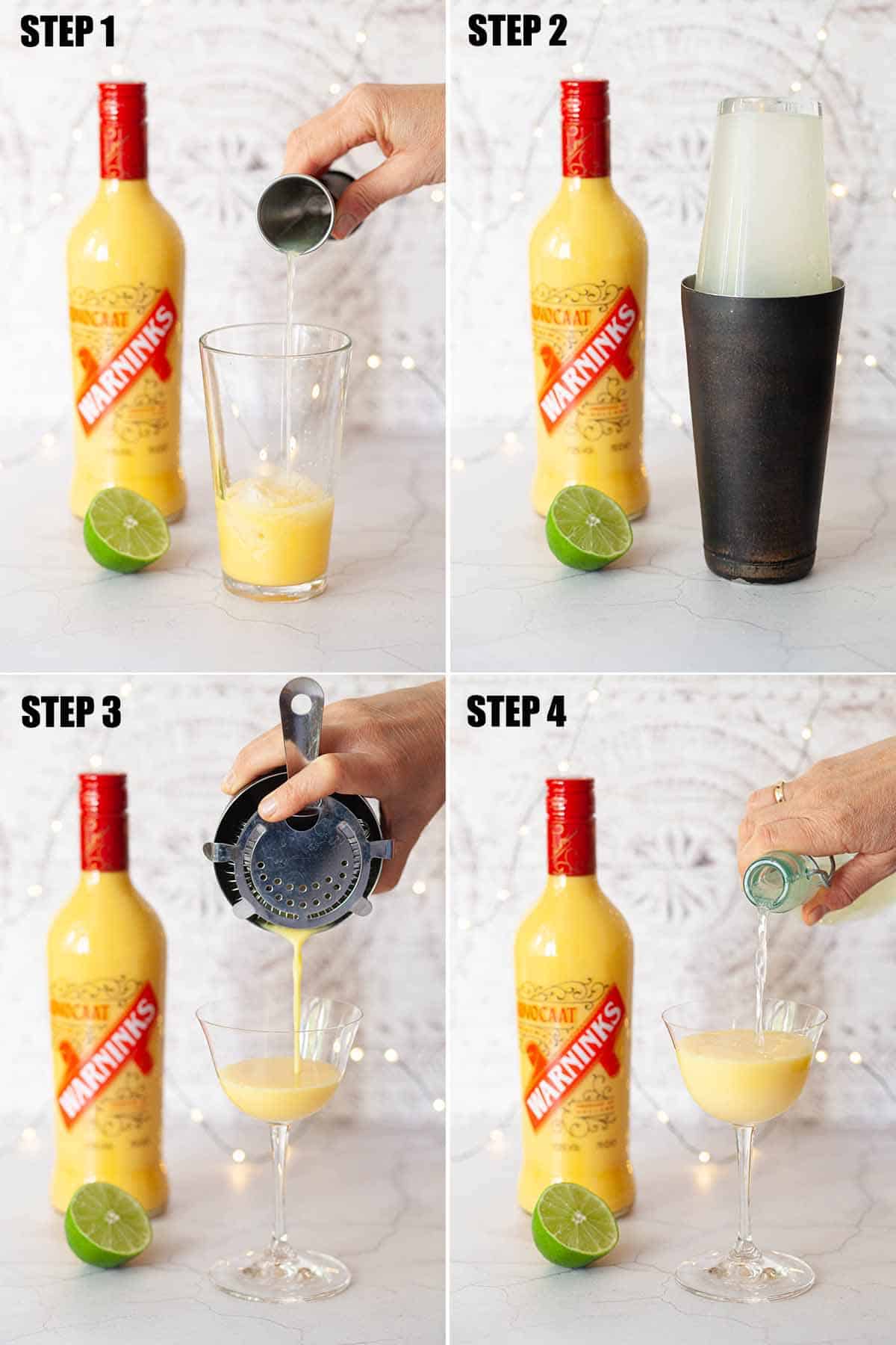 Collage of images showing a yellow alcoholic drink being made.