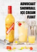 Advocaat and ice cream flaot snowball cocktail with text overlay.