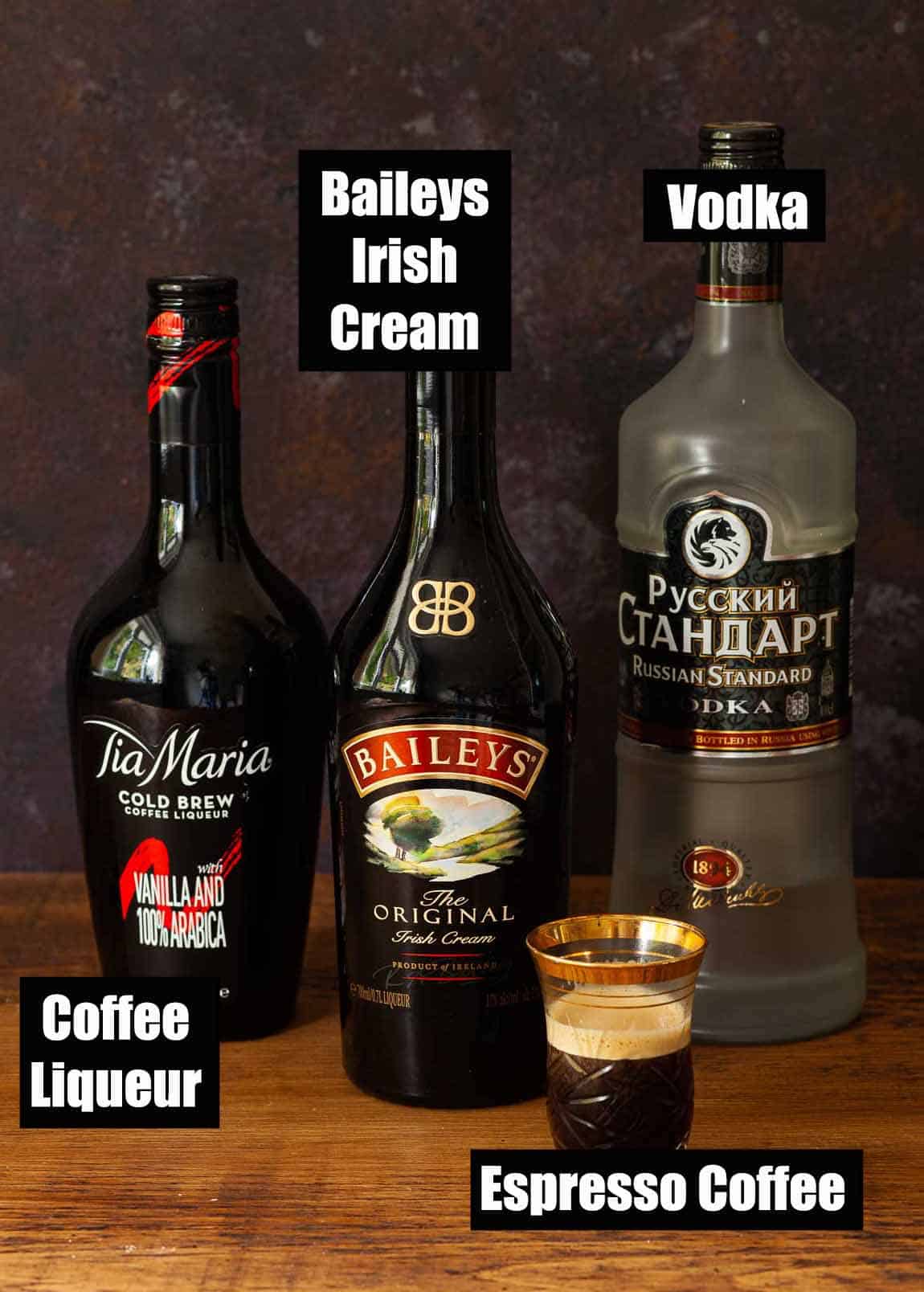 Ingredients for a baileys espresso martini with text overlay.