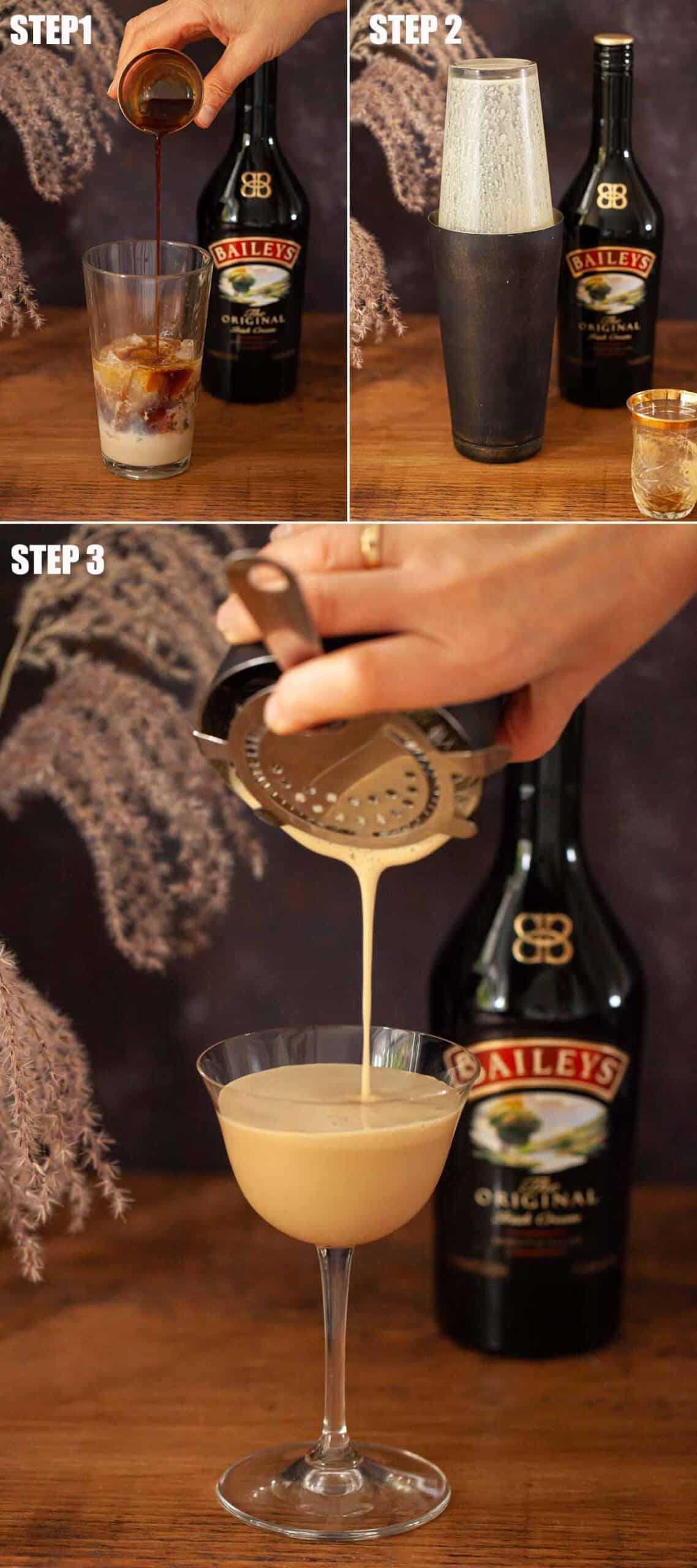Collage of images showing a coffee cocktail being made.
