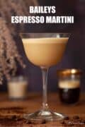 A close-up of an espresso martini with text overlay.