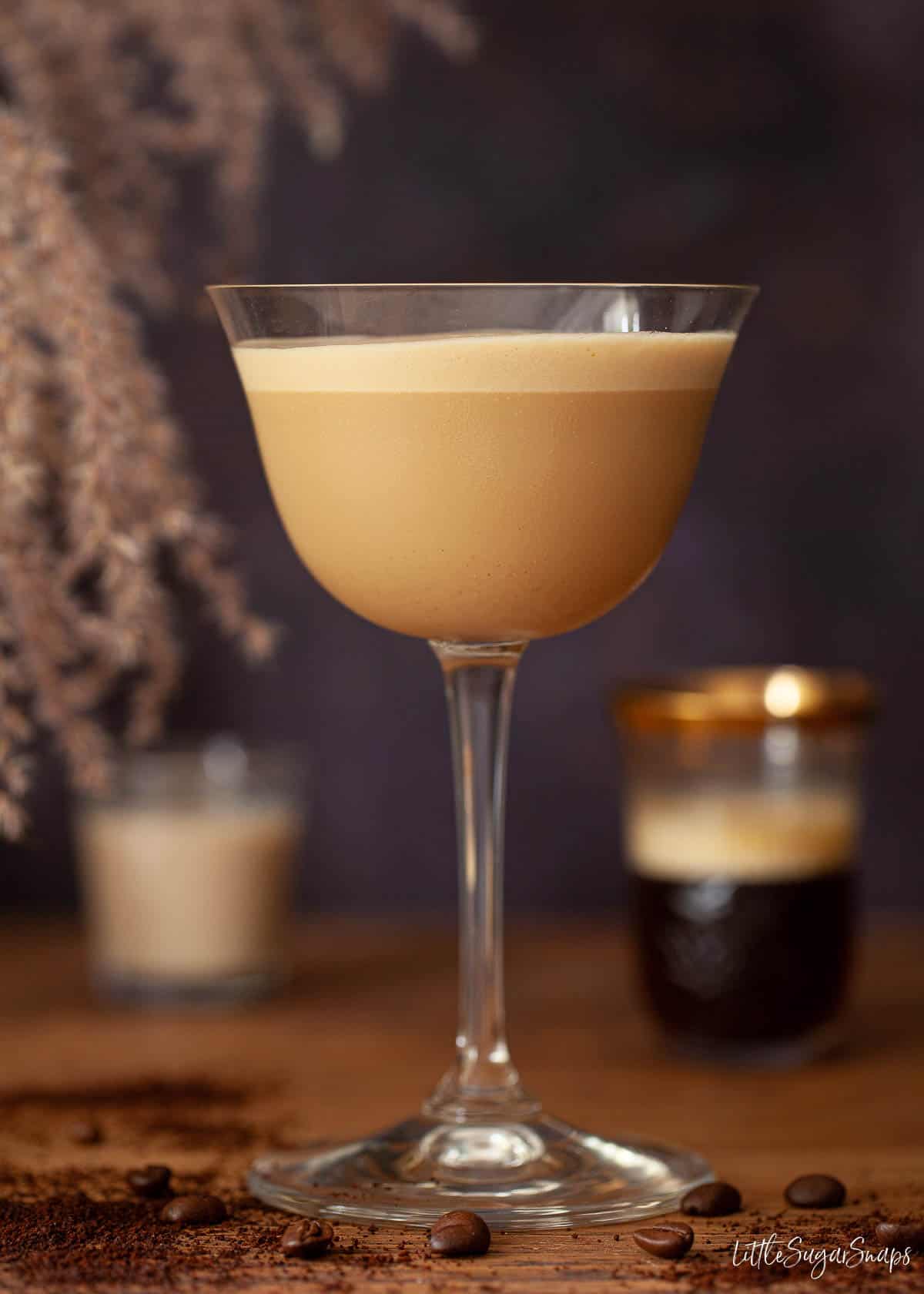 Close-up of an espresso martini made with Baileys Irish Cream.