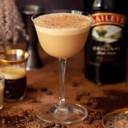 An espresso martini with Baileys topped with grated chocolate.