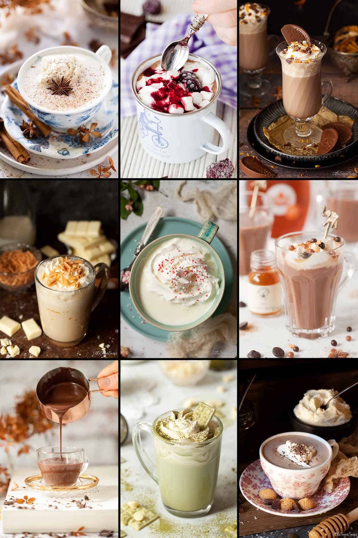 A collage of images showing various chocolate drinks.