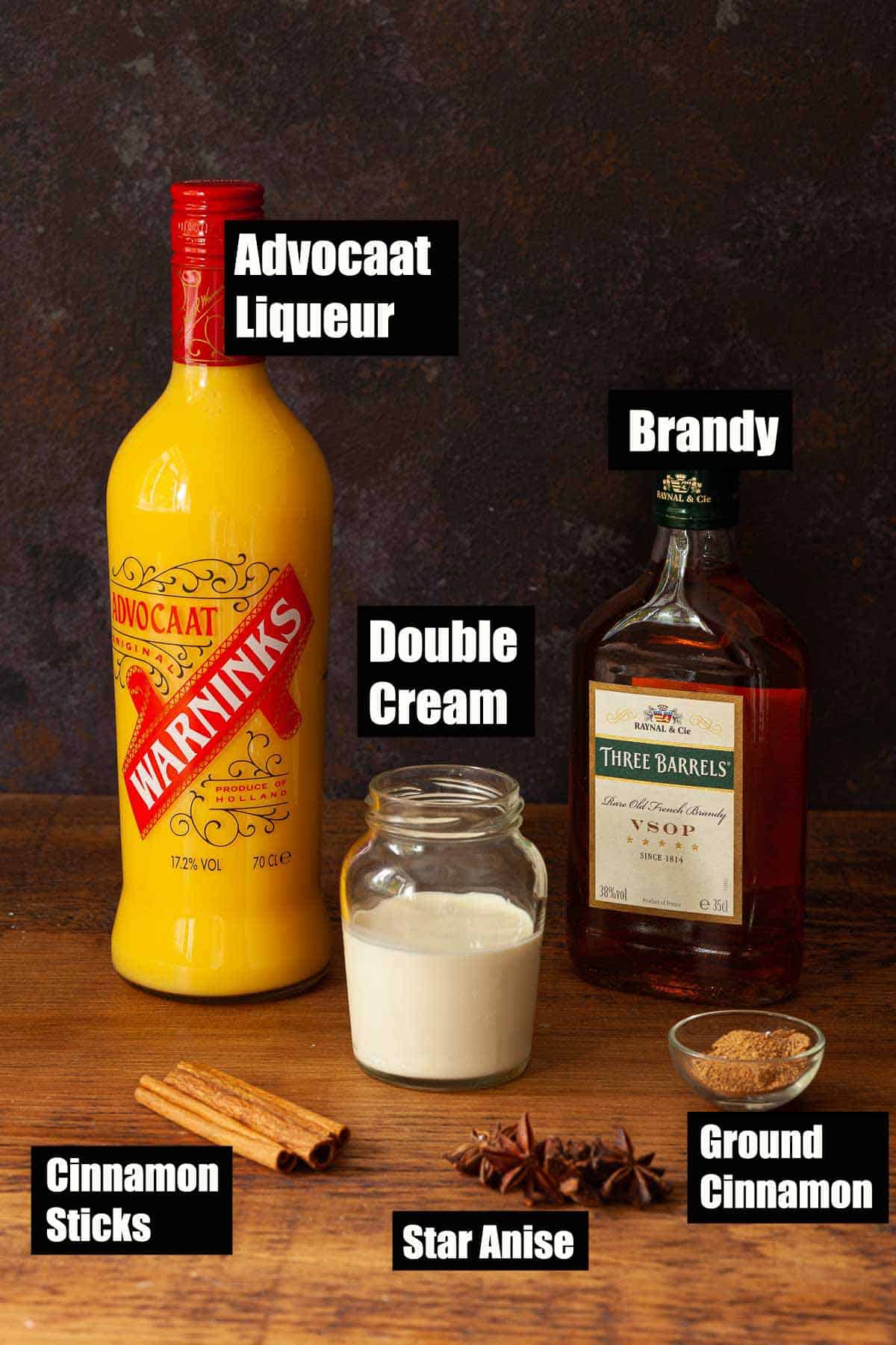 Ingredients for an advocaat drink with text overlay.
