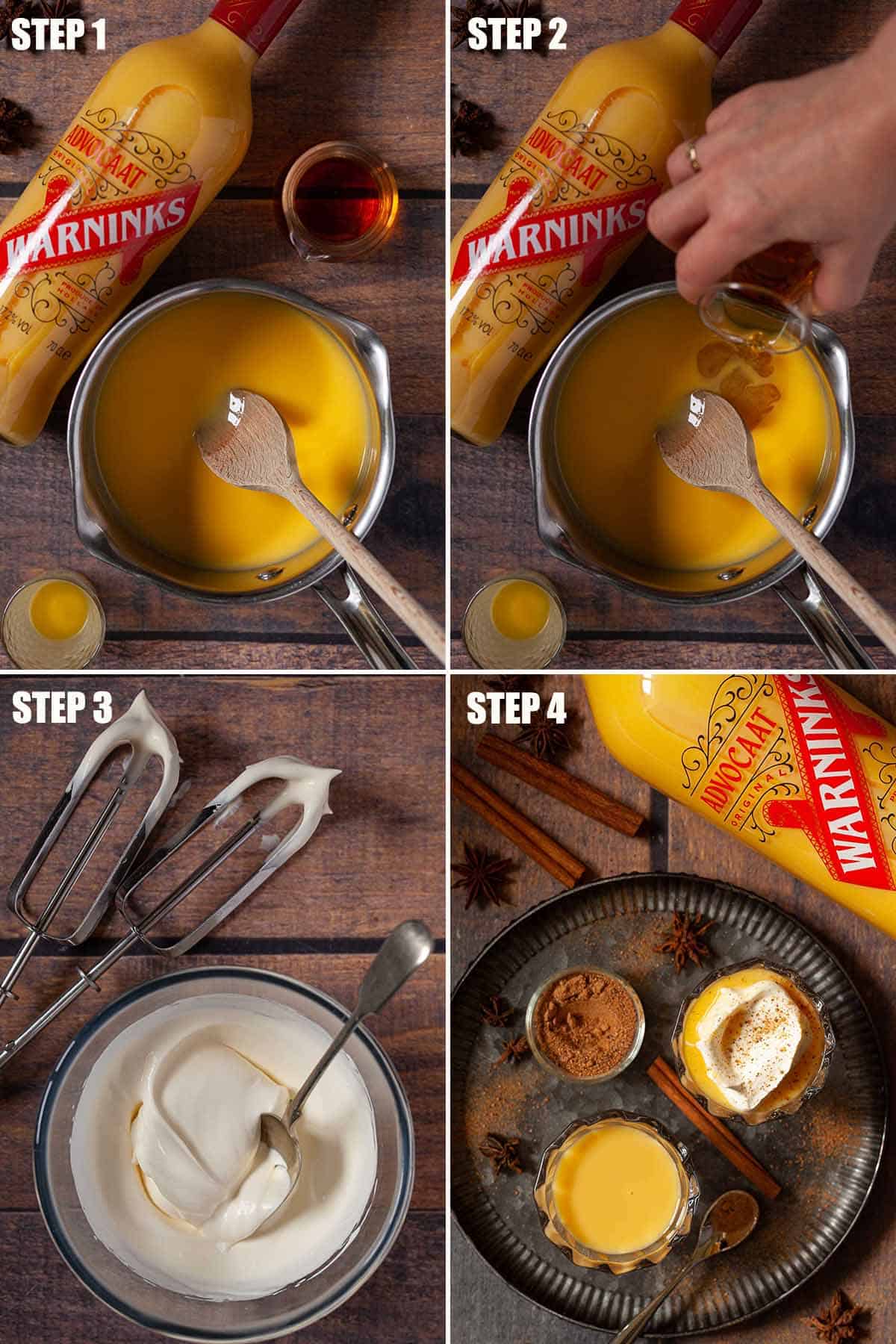 Collage of images showing a bombardino drink being made.