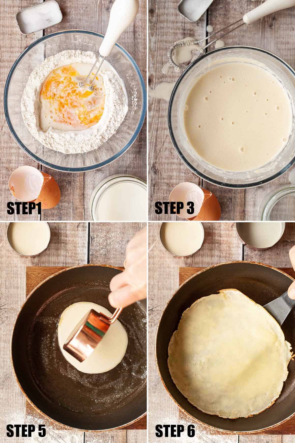 Collage of images showing batter being made and cooked in a frying pan.