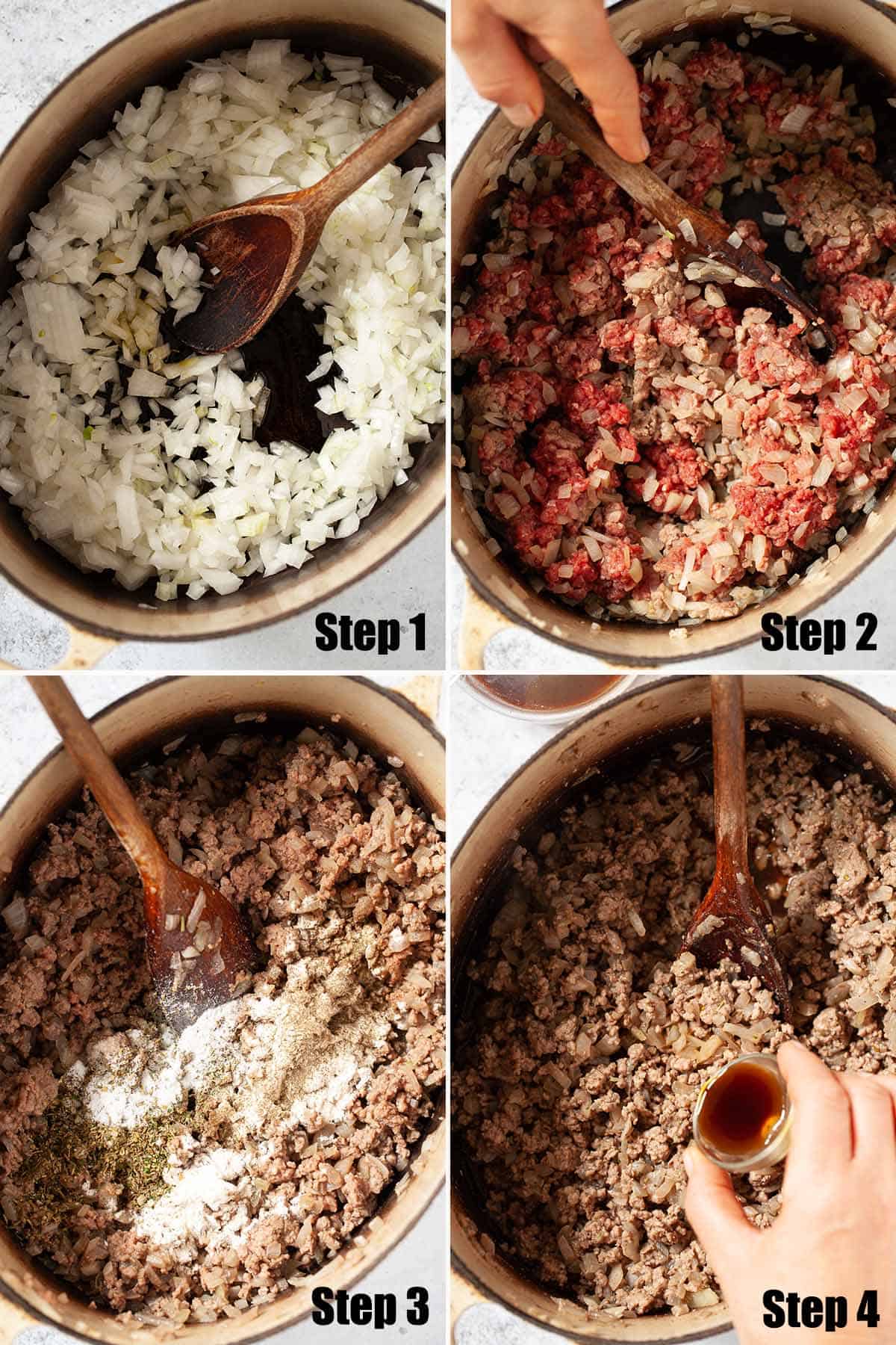 Collage of images showing pie filling being made.