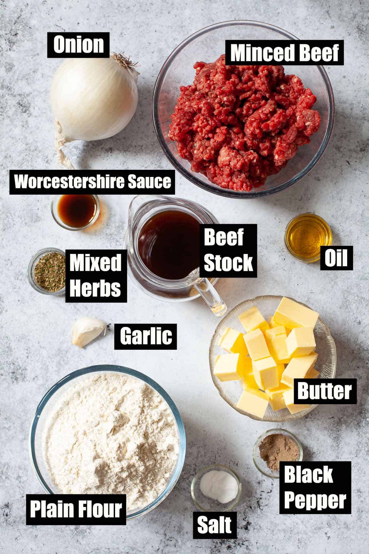 Ingredients for ground beef pie with text overlay.