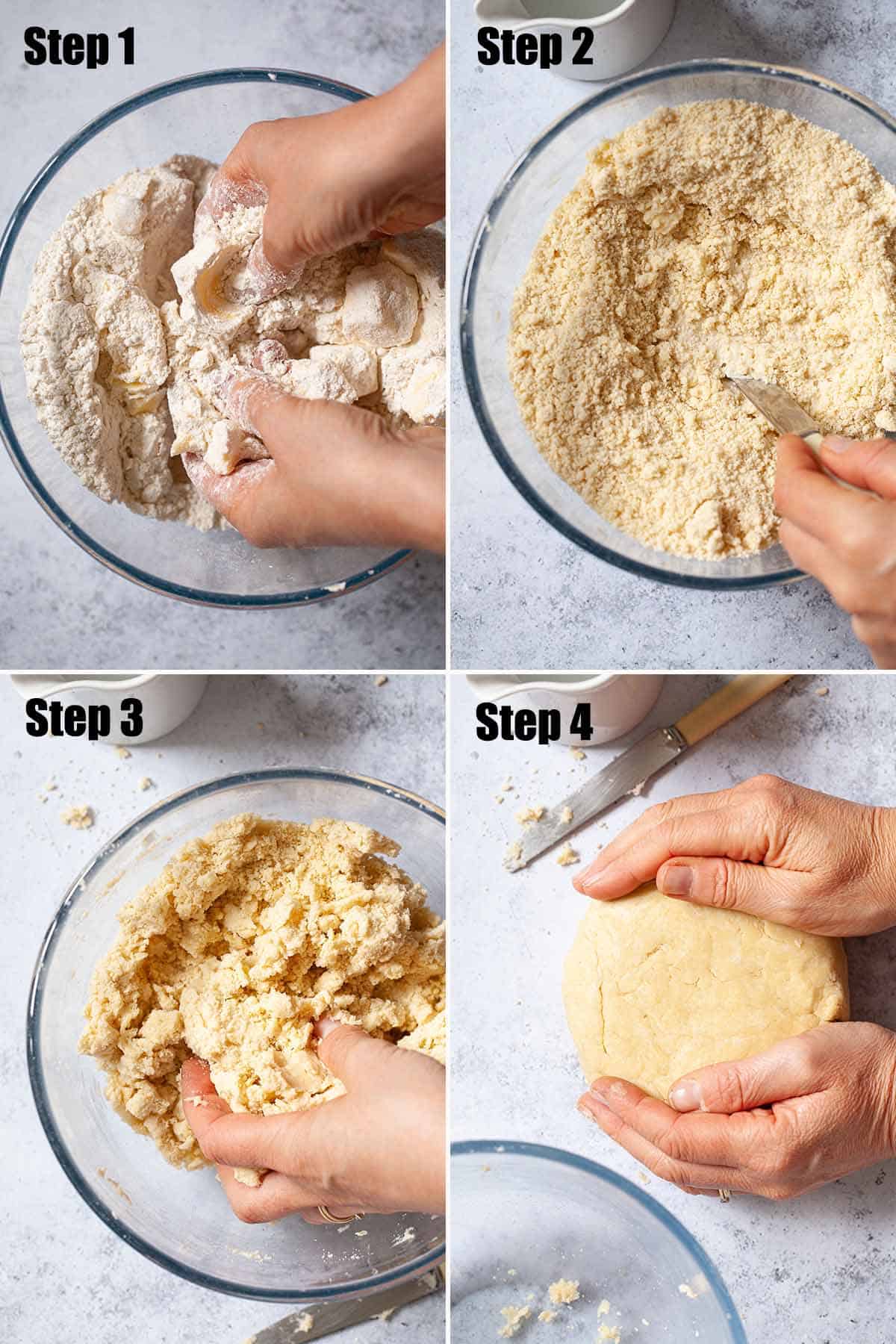 Collage of images showing shortcrust pastry being made.