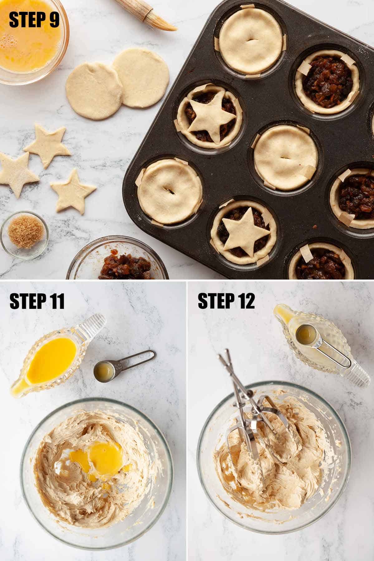 Collage of images showing mince pies and advocaat butter being assembled.