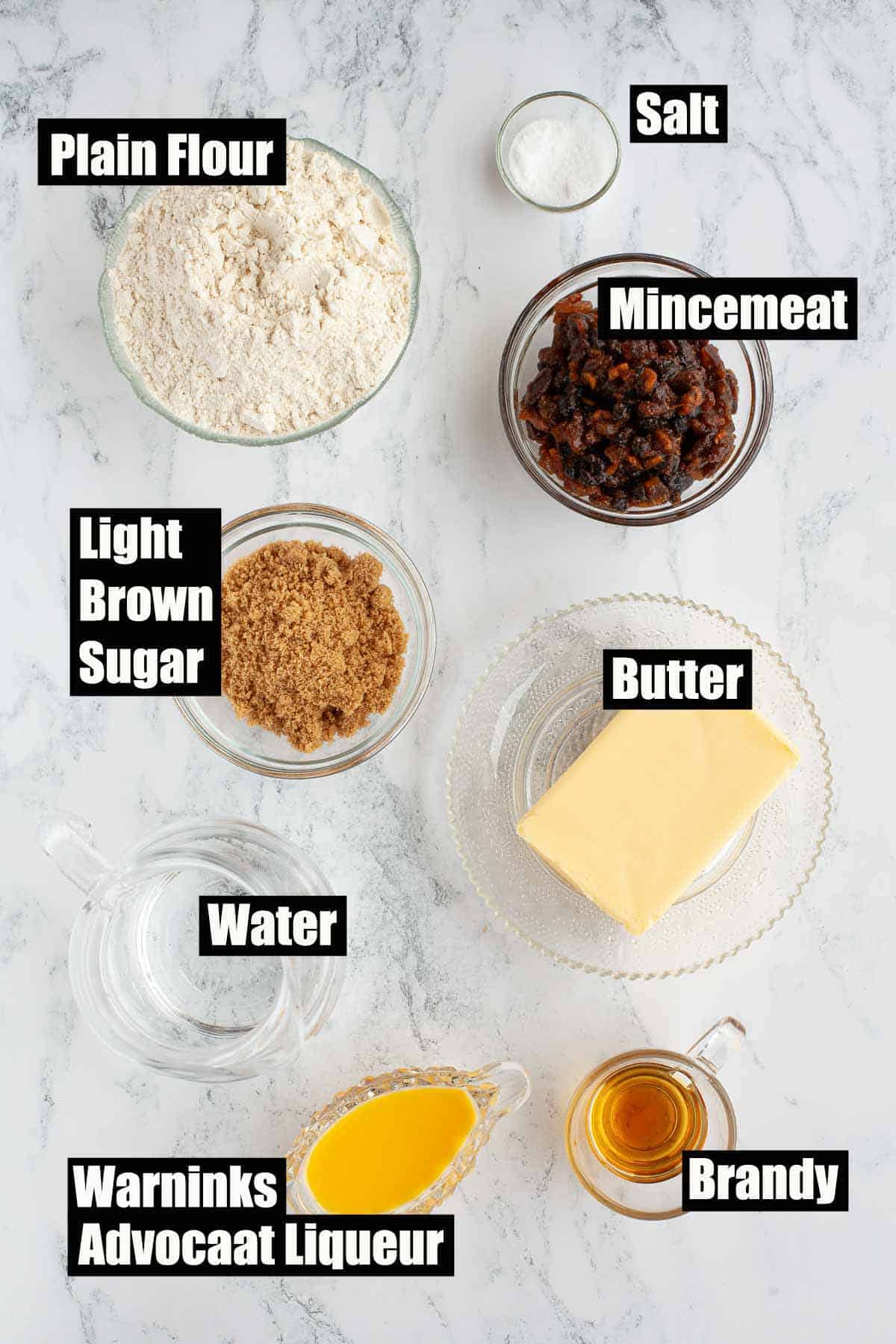 Ingredients for mince pies with text overlay.