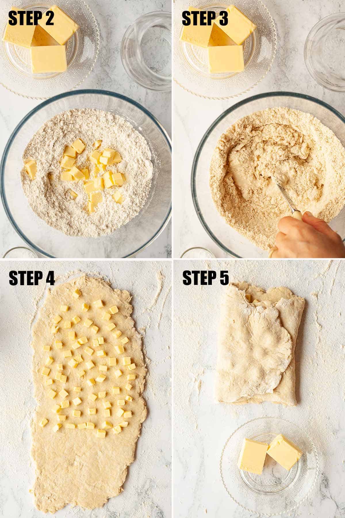 Collage of images showing quick puff pastry being made.