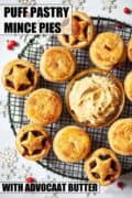 Overhead view of puff pastry mince pies with advocaat and brandy butter. With text overlay.