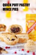 Puff pastry mince pies with text overlay.