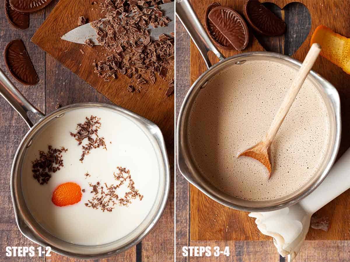 Collage of images showing a sweet milky drink being made.