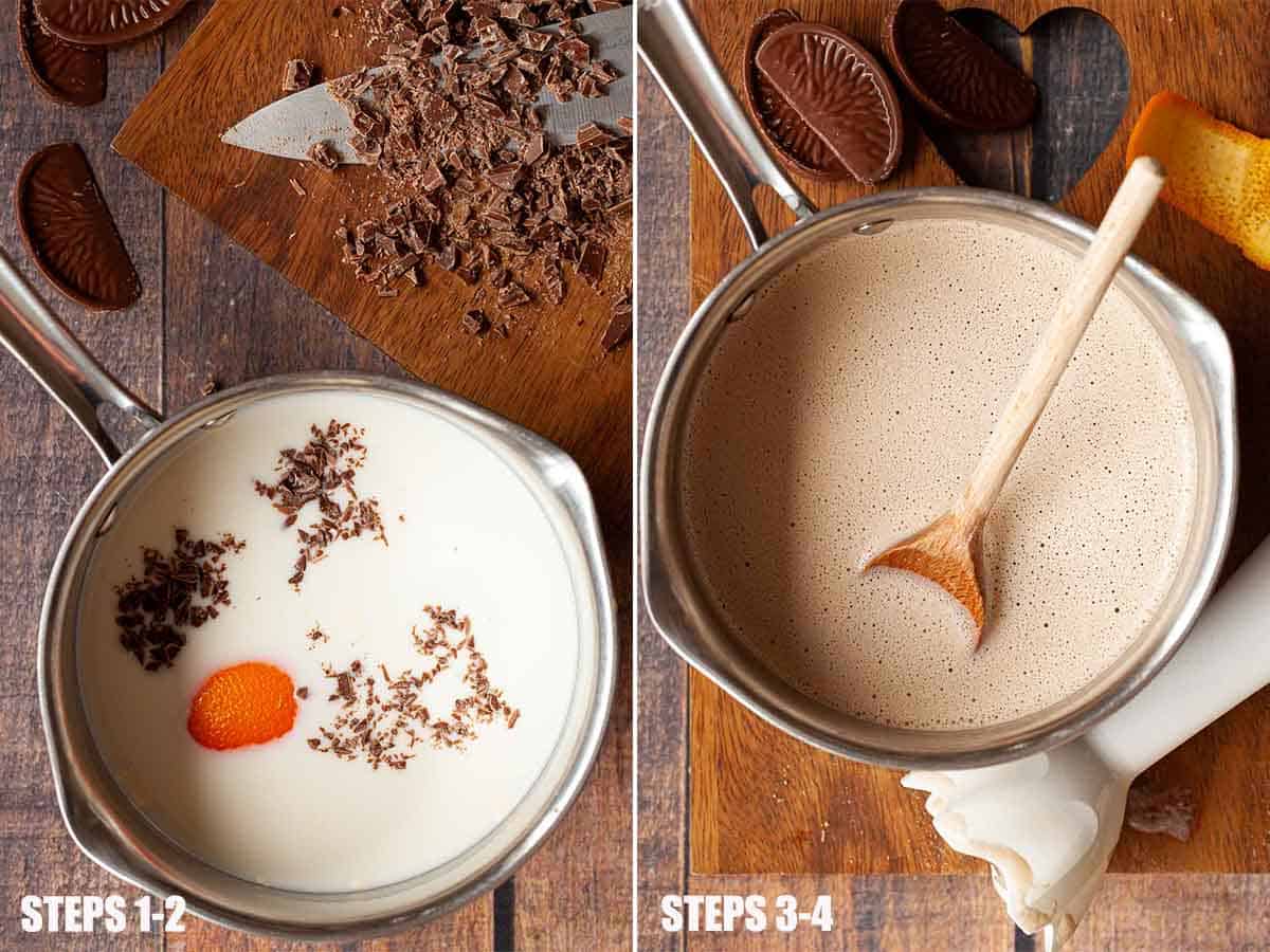Collage of images showing hot chocolate orange being made