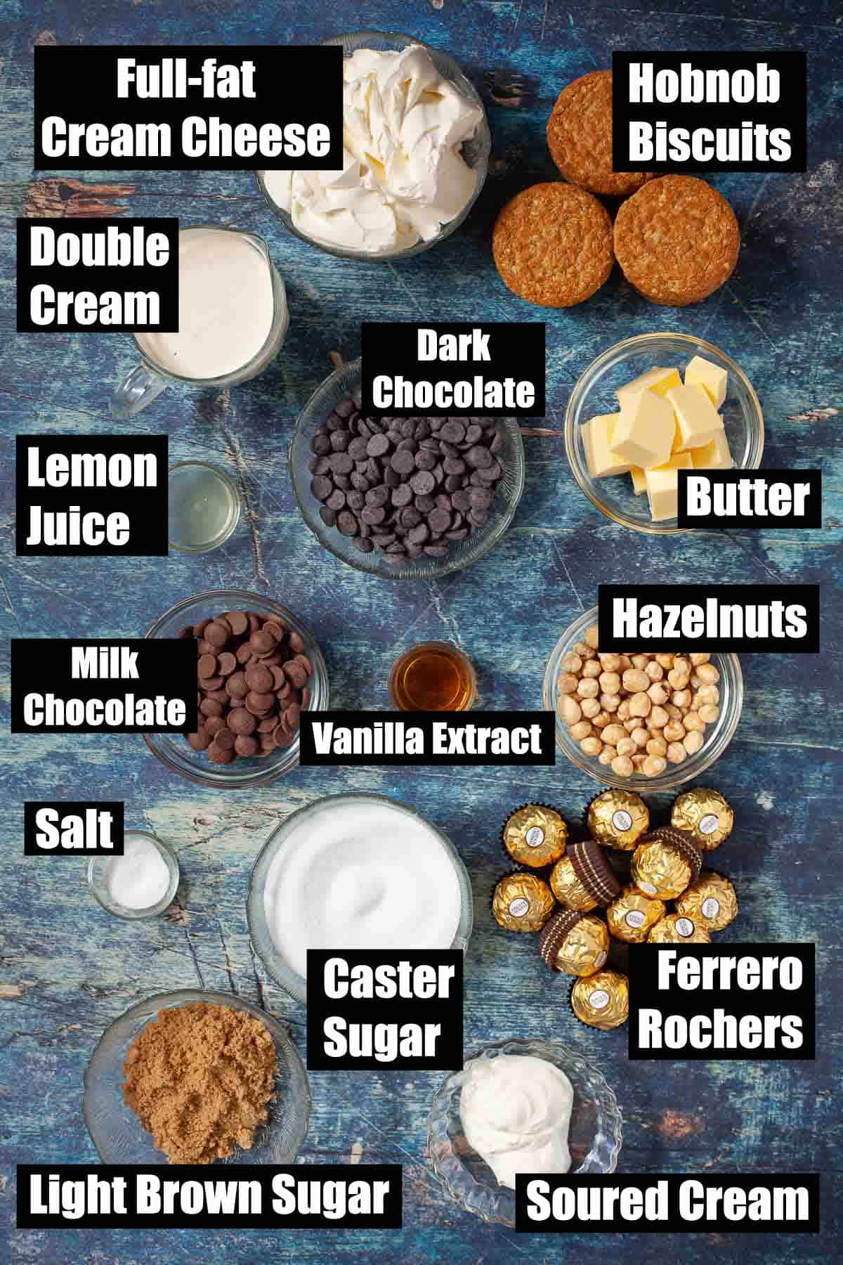Ingredients for a chocolate and hazelnut dessert with text overlay.