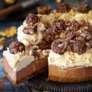 Close up of a chocolate and hazelnut Ferrero Rocher cheesecake.
