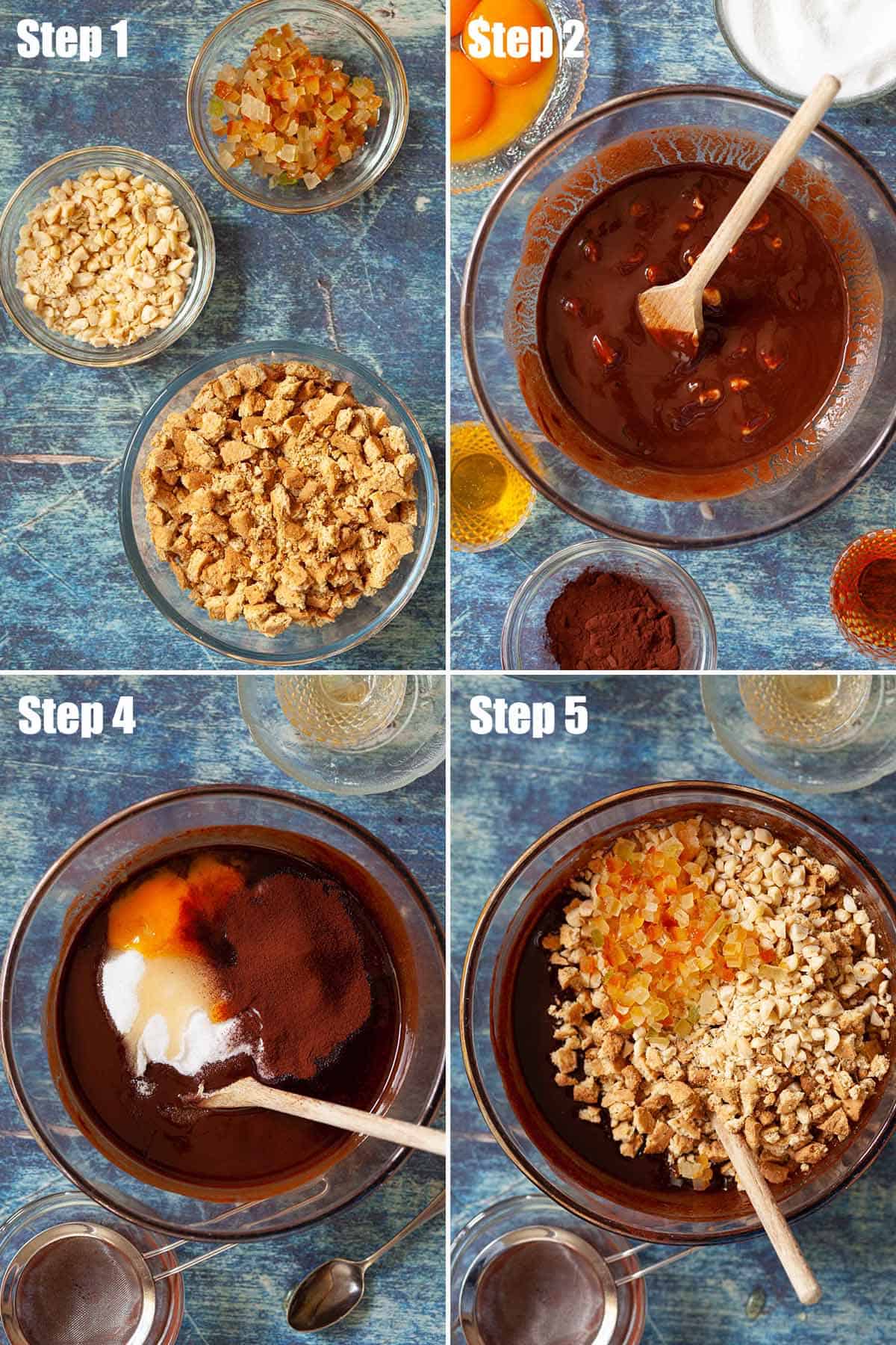 Collae of images showing chocolate sausage mixture being made.