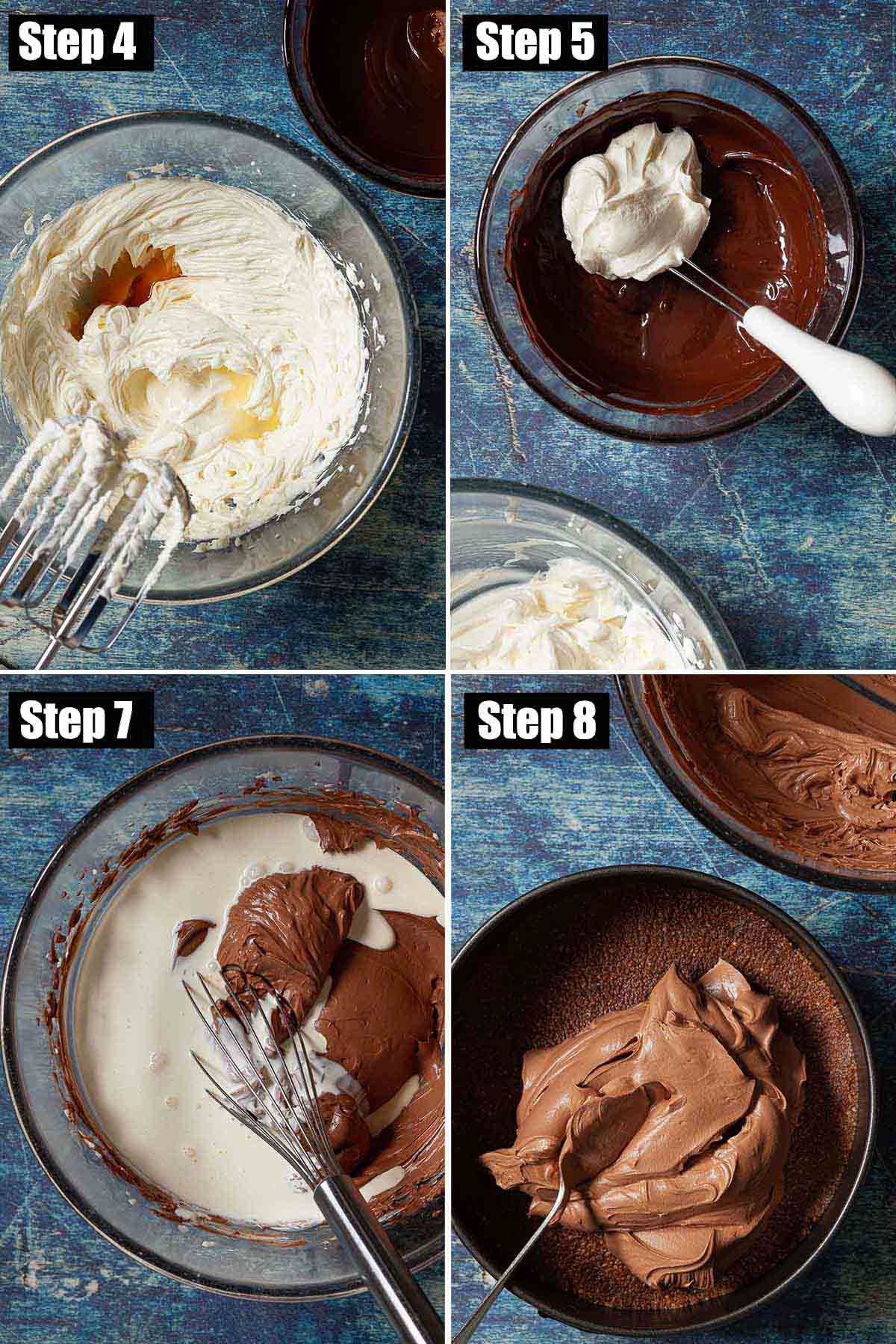 Collage of images showing a chocolate cheesecake being made.