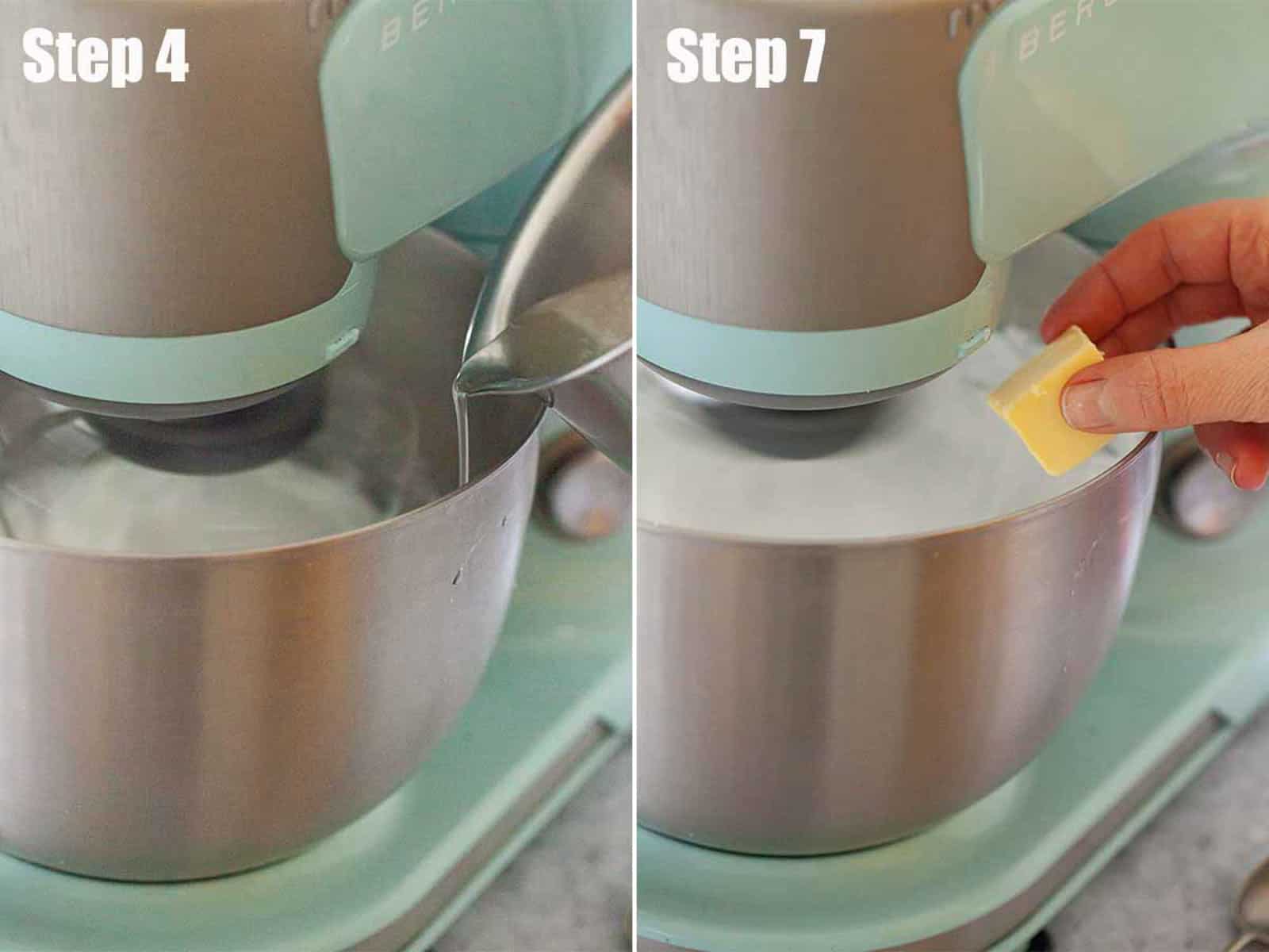 Collage of images showing Italian buttercream being made.