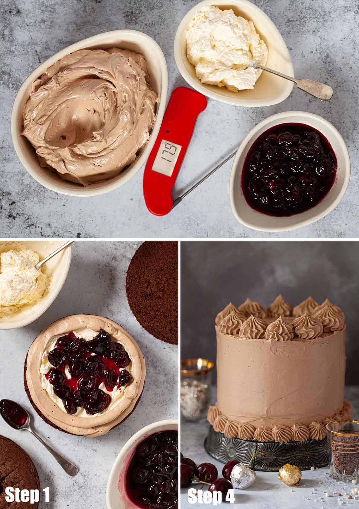 Collage of images showing a layer cake being decorated.